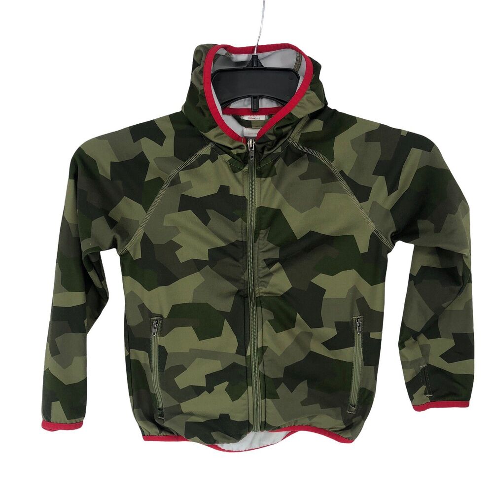 HANNA ANDERSSON DOWN HOODED JACKET CAMO NAVY 110/5 *FLAW*
